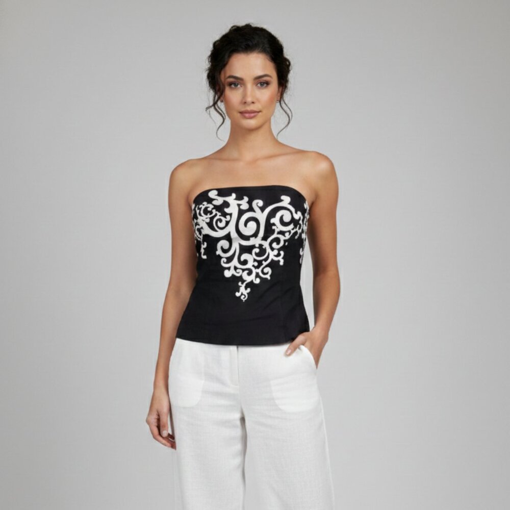 White House Black Market Corset Top Sz 2 – Black & White Print, Great Condition